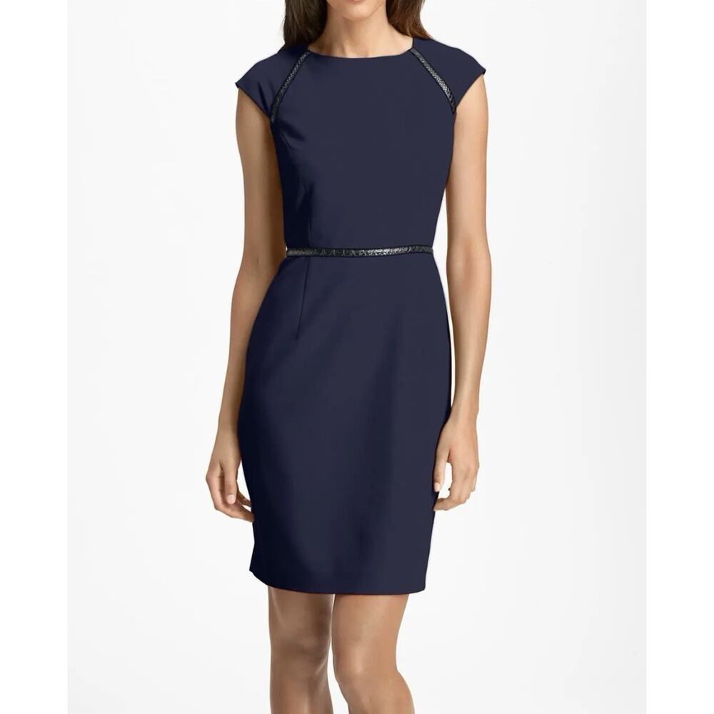 Calvin Klein Cap Sleeve Faux Leather Trim Sheath‎ Dress Sz 10 Indigo Work Career